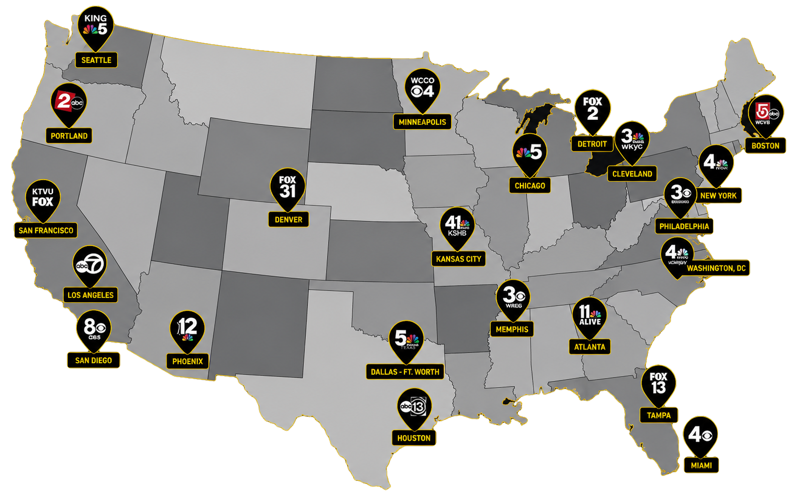 Map of the U.S. with 38 STIRR station markets highlighted — Seattle, Portland, San Francisco, Los Angeles, San Diego, Phoenix, Denver, Minneapolis, Kansas City, Dallas–Ft. Worth, Houston, Memphis, Chicago, Detroit, Cleveland, Atlanta, Tampa, Miami, Washington DC, Philadelphia, New York, Boston, and more.